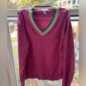 Y2K Lilly Pulitzer Palm Tree Sweater – Pink V-Neck with Striped Trim (XL)